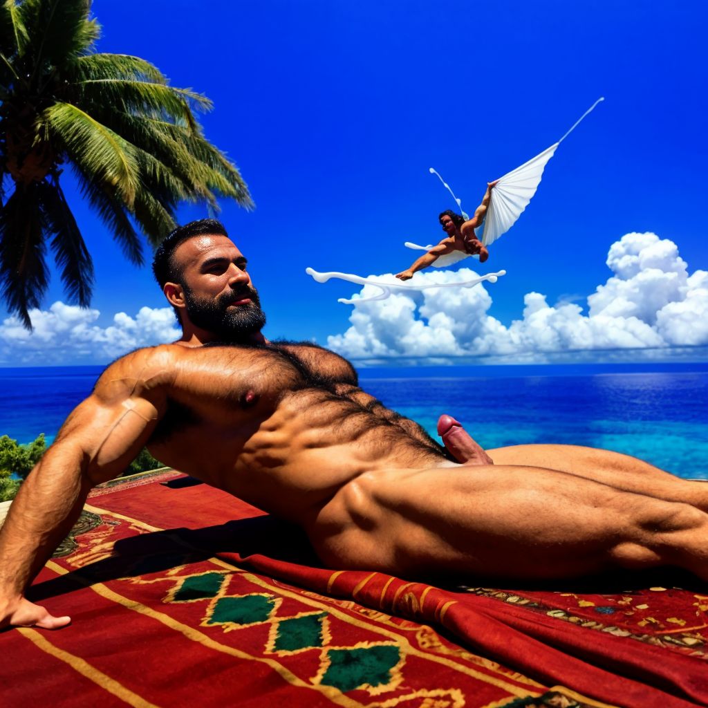 Hombre desnudo musculoso y con mucho vello. Está sobre una alfombra voladora en el paraíso terrenal. Vuela por las nubes. Tiene pene enorme por donde eyacula semen líquido blanco.