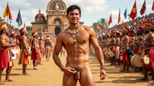 Un hombre desnudo de pie ocupa el centro de una escena ceremonial al aire libre, con el torso musculoso, collares, brazaletes y un pequeño adorno rojo colgando cerca del pubis, dejando visible el pene. A ambos lados se alinean numerosos participantes con atuendos tribales o festivos, faldas rojas, tocados coloridos, tambores y lanzas, formando un pasillo ceremonial sobre una explanada de tierra. Al fondo destaca un edificio monumental de estilo palaciego con cúpulas y una fachada decorada, rodeado de banderas ondeantes y una multitud en gradas, creando una atmósfera de desfile, ritual público y celebración tradicional bajo un cielo luminoso.