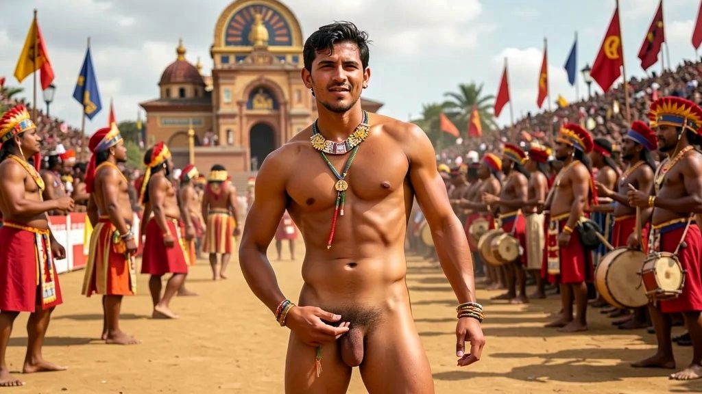 Un hombre desnudo de pie ocupa el centro de una escena ceremonial al aire libre, con el torso musculoso, collares, brazaletes y un pequeño adorno rojo colgando cerca del pubis, dejando visible el pene. A ambos lados se alinean numerosos participantes con atuendos tribales o festivos, faldas rojas, tocados coloridos, tambores y lanzas, formando un pasillo ceremonial sobre una explanada de tierra. Al fondo destaca un edificio monumental de estilo palaciego con cúpulas y una fachada decorada, rodeado de banderas ondeantes y una multitud en gradas, creando una atmósfera de desfile, ritual público y celebración tradicional bajo un cielo luminoso.