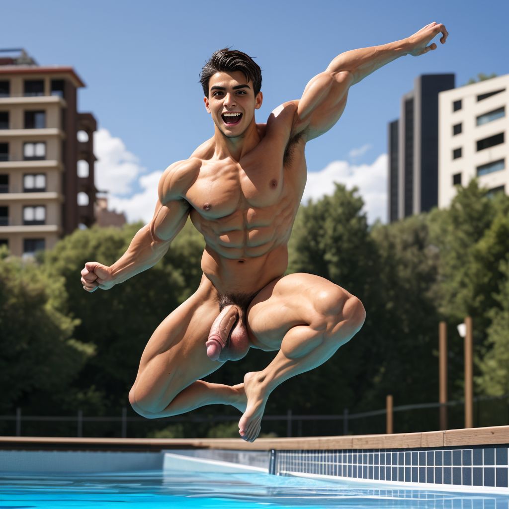 Hombre atlético de 20-25 años, piel oliva y cabello oscuro, salta desde una plataforma de madera oscura, cuerpo arqueado, músculos poderosos, brazos extendidos, dedos separados, rostro con expresión de alegría y determinación, ojos enfocados, pene visible, entorno soleado, piscina al aire libre, fondo borroso de edificios y vegetación.