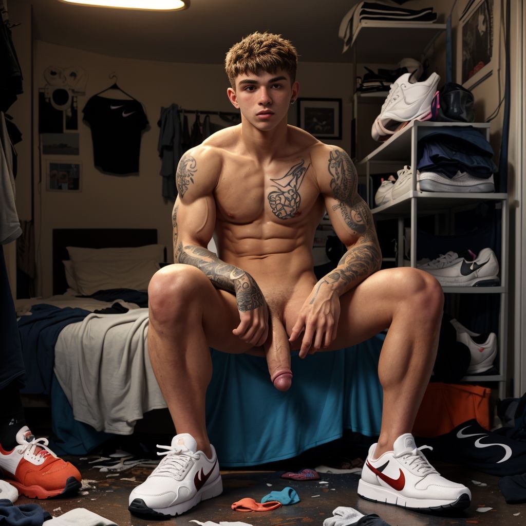 21-year-old scally guy, penis visible, wearing Nike sneakers, naked body, visible tattoos, messy hair, cheeky gaze, background of a cluttered room, clothes scattered, dim lighting, relaxed atmosphere, bronzed skin, defined muscles.