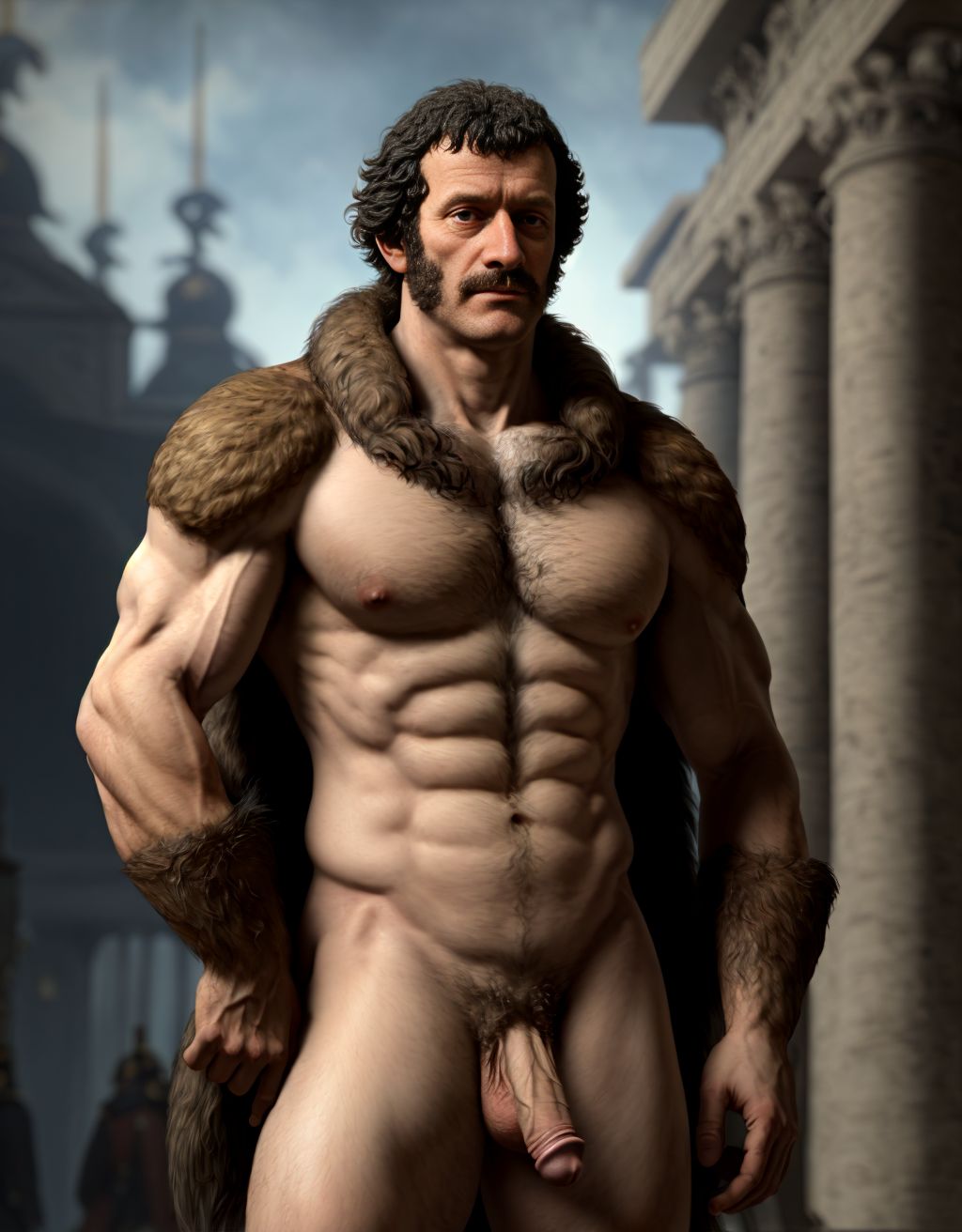 Napoleón Bonaparte desnudo. Tiene el pecho velludo y brazos velludos. Está de pie. Está totalmente desnudo musculoso. Tiene pene grande erecto. Tiene testículos grandes. Tiene mucho vello y pelo. Foto muy realista texturas 8k. Está rodeado de cañones de la época napoleónica.