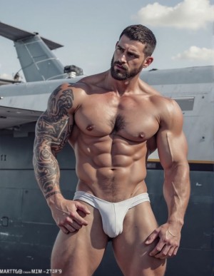 Aviador militar hiper masculino y extremadamente musculoso posa en calzoncillos delante de su aeronave.