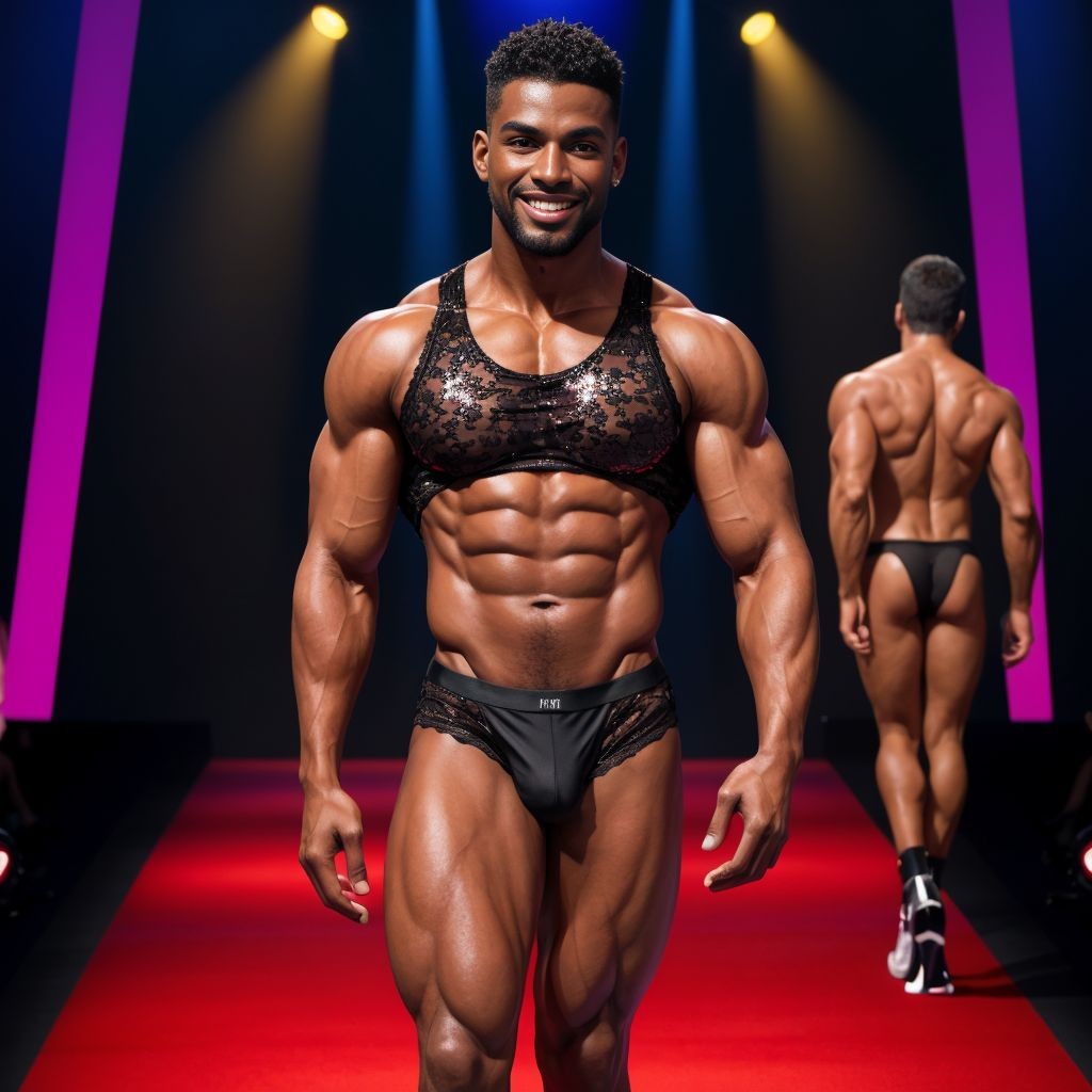 Un hombre musculoso y sonriente camina por una pasarela con alfombra roja, iluminado por focos de escenario azules y amarillos que resaltan su físico definido, abdominales marcados, brazos voluminosos y piel brillante. Lleva un conjunto negro de lencería masculina compuesto por un top corto de encaje transparente y unos slips ajustados con detalles de encaje en los laterales, creando un estilo atrevido de moda íntima. Al fondo, otro modelo de espaldas avanza por la pasarela con un tanga negro, mostrando la espalda, los glúteos y las piernas tonificadas. El ambiente parece un desfile de moda sensual, con luces teatrales, columnas moradas y una composición centrada en el cuerpo atlético y la ropa interior masculina.