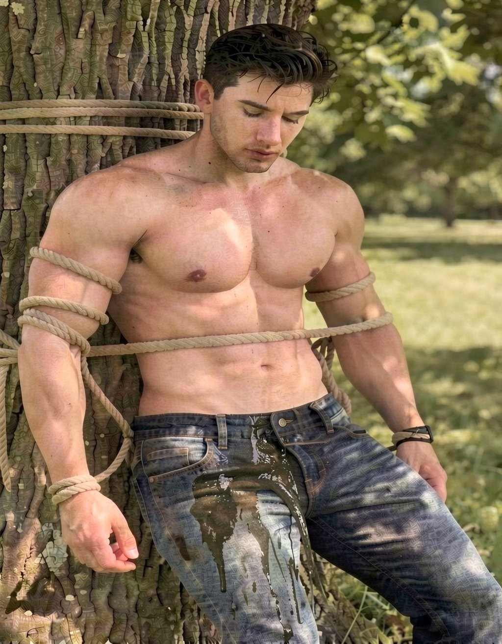 Un hombre musculoso y sin camiseta aparece atado con cuerdas gruesas al tronco de un árbol en un entorno exterior de parque o bosque, con luz natural y vegetación desenfocada al fondo. Tiene la cabeza inclinada hacia abajo, el pelo oscuro algo despeinado y una expresión seria o agotada. Las cuerdas rodean su pecho, brazos y muñecas, sujetándolo contra la corteza rugosa. Lleva vaqueros azules desabrochados y manchados de humedad en la zona delantera, con el cinturón abierto y una pulsera negra en la muñeca. La escena combina una estética de bondage al aire libre, torso definido, tensión física y ambiente natural bajo la sombra del árbol.
