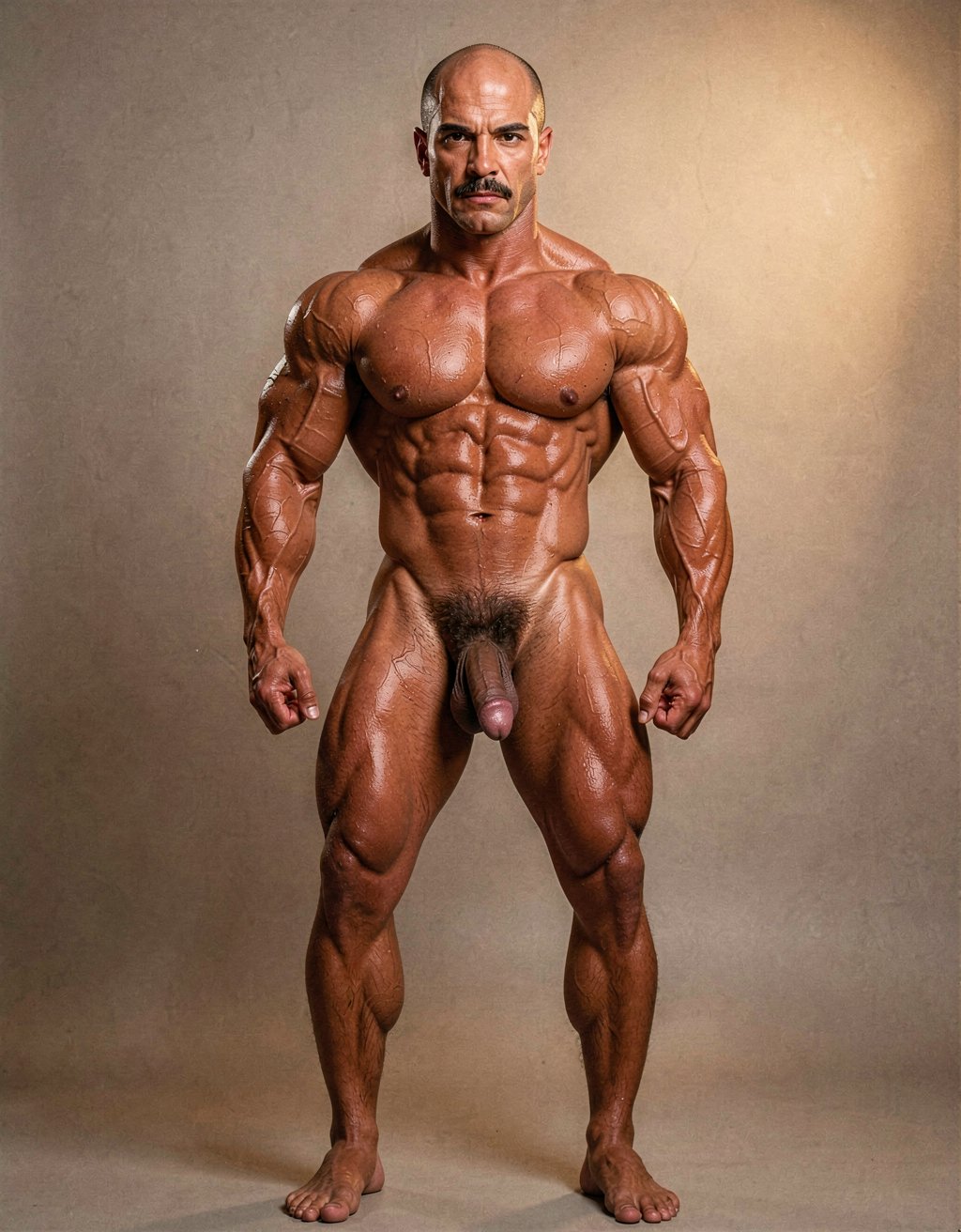 Mike Morris, the 32-year-old Caucasian bodybuilder with an athletic and extremely defined muscular physique, stands at full attention in a strict military pose, feet together, legs straight, back rigidly upright, shoulders back, chest thrust forward, arms at his sides with fists clenched, and head held high looking straight ahead with a serious, almost threatening expression. Full body shot from the tips of his toes to the top of his bald head. He is completely naked. His advanced Norwood III-IV male pattern baldness is clearly visible, with a shiny tanned scalp on top, short dark brown hair only on the sides and back. His square, angular face with strong jaw, prominent cheekbones, thick dark handlebar mustache, heavy brows, and intense deep-set brown eyes under slightly hooded lids stares forward with firm authority. His massive square pectorals are pushed out, dark brown chest hair forming a dense classic T-pattern down the sternum and spreading across his wide six-pack abs. Small dark nipples sit low on the pecs. A trail of dark hair leads to an extremely dense, thick, curly dark brown pubic bush that climbs almost to his navel. His heavy 14 cm flaccid cock hangs thick over large, low-hanging hairy testicles, the skin of the shaft noticeably lighter than his tanned body. Powerful veined forearms, developed traps flowing into delts, defined quads with visible separation, diamond-shaped calves, and hairy feet complete the figure. Warm directional studio lighting from above and slightly to the side creates sharp highlights on his oiled skin, deep shadows that accentuate every muscle fiber, the texture of his dense body hair, and the contrast between his tanned body and lighter genital area. Photorealistic, 1970s Colt Studio aesthetic, high contrast, masculine and commanding presence, grainy film texture.