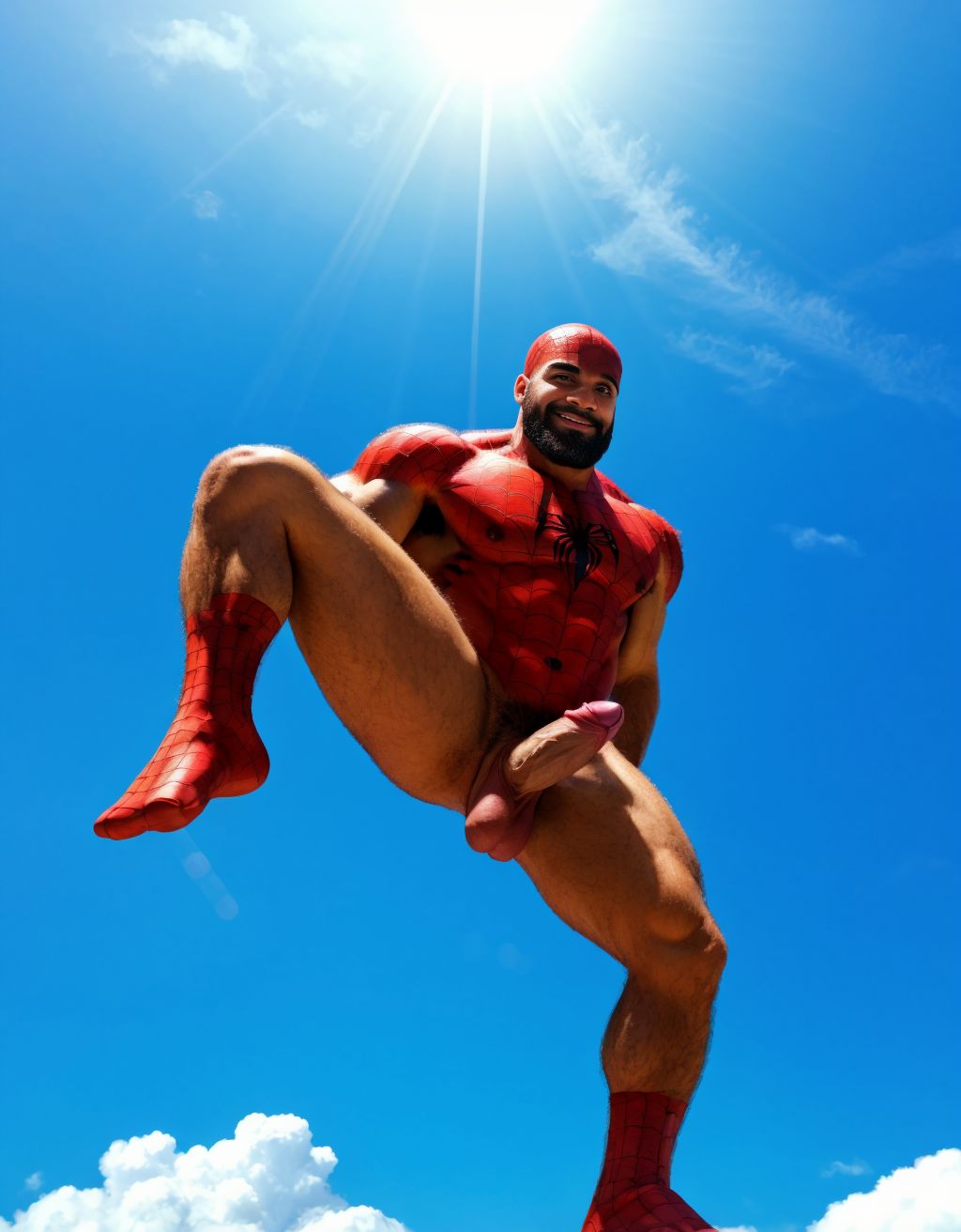 Spiderman velludo musculoso totalmente desnudo volando sobre una nube en cielo azul. Tiene el pene grande. Tiene los huevos grandes y peludos.