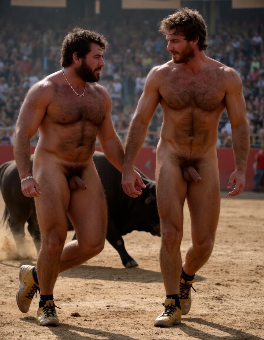 Un torero español musculoso y velludo de 50 años, con torso atlético y marcado, se muestra completamente desnudo, destacando su pene de 30 cm de longitud y 5 cm de grosor, perfectamente formado y rodeado de un denso vello púbico castaño oscuro. Sus testículos, perfectamente formados, cuelgan de forma prominente. La piel bronceada y sudorosa resalta su musculatura definida, con pectorales y abdominales bien marcados y sin grasa. El cabello largo y castaño oscuro está despeinado y sudoroso, con gotas de sudor resbalando por su frente y mejillas. Una barba incipiente y un vello corporal denso que se extiende por su pecho, piernas y brazos completan su apariencia viril. Lleva zapatillas doradas en sus pies.

A su lado, un hombre musculoso y velludo de 30 años, completamente desnudo, muestra un pene de 30 cm de longitud y 4 cm de grosor, hermoso y perfecto, rodeado de un denso vello púbico pelirrojo. Su piel bronceada y sudorosa muestra una musculatura definida, con pectorales y abdominales muy marcados. Tiene cabello pelirrojo despeinado y sudoroso. Tiene una barba pelirroja densa pero bien recortada. El vello corporal pelirrojo denso cubre su pecho, y tiene mucho vello pelirrojo en sus piernas y brazos, lo que realza su apariencia masculina y atlética. Están andando en la plaza de toros con un toro salvaje. Se aman

Ambos hombres se encuentran en una plaza de toros, con sombras que resaltan su musculatura y vello corporal, creando un ambiente sensual y cargado de tensión. Están en pleno acto de pasión, con sus penes erectos y testículos prominentes ,destacando su musculatura, vello corporal y atributos viriles en una imagen impactante y llena de energía. La escena está llena de sensualidad y poder, con los dos hombres como protagonistas, en un ambiente cargado de pasión y erotismo. La imagen es híper realista, con detalles de alta calidad, y muestra la unión de los dos hombres en un acto de pasión y dominio, con sus cuerpos musculosos y velludos completamente desnudos y visibles, mostrando su excitación y pasión en cada detalle. Tienen sus penes erectos. Están totalmente desnudos. Tienen un pene de 40 cm de longitud y 7 cm de diámetro. Son felices y sonríen.