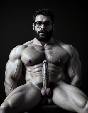 Fotografía hiperrealista en blanco y negro de un hombre adulto musculoso a la vista desde las rodillas para arriba hasta la cabeza, cuerpo muy delgado con musculación marcada y definida, rostro masculino, totalmente desnudo con polla erecta de treinta centímetros de longitud y ocho centímetros de diámetro, tiene rasgos marcados duros expresivos, barba densa poblada tupida oscura estilo hipster cubriendo completamente mandíbula mentón mejillas con grosor uniforme textura abundante muy definida, bigote denso tupido oscuro conectado perfectamente con la barba completa cubriendo completamente el labio superior, pelo oscuro medio peinado completamente recto hacia arriba con volumen considerable estilo hipster moderno quiff puntas verticales texturizadas hacia el cielo con altura prominente, cejas gruesas oscuras pobladas muy marcadas definidas, gafas de montura completa negra cuadradas grandes estilo hipster moderno sobre el puente de la nariz enmarcando unos ojos oscuros intensos que miran directamente a cámara con expresión seria penetrante confiada, expresión facial seria masculina sin sonrisa con mirada directa desafiante, pómulos marcados definidos angulares, nariz recta proporcionada, labios medios apenas visibles completamente cubiertos por bigote denso que conecta con la barba hipster completa, torso desnudo muy musculoso con pectorales enormes desarrollados y definidos, hombros anchos musculosos deltoide prominentes, brazos musculosos gruesos con bíceps y tríceps marcados visibles a ambos lados del cuerpo, abdomen tonificado marcado visible desde la cintura, piel con textura realista detallada poros imperfecciones sutiles, vello corporal denso oscuro abundante cubriendo pectorales abdomen brazos hombros con textura natural masculina muy visible, tatuaje en tinta negra en el bíceps del brazo derecho con la palabra exacta "hipsterbarba" en tipografía negra sans-serif clara legible tatuada sobre la piel del brazo de tamaño mediano visible proporcionado, iluminación dramática lateral direccional que crea contraste alto marcado entre luces brillantes y sombras profundas resaltando la estructura facial angular la barba hipster densa las gafas cuadradas grandes el vello corporal abundante la musculatura del torso los brazos y en el bíceps derecho tiene un tatuaje con la palabra a la vista: "hipsterbarba", fondo completamente oscuro negro liso uniforme desenfocado sin distracciones, fotografía analógica en blanco y negro de alto contraste con grano fotográfico sutil visible estilo retrato hipster masculino fitness, enfoque nítido absoluto perfecto en el rostro especialmente en los ojos detrás de las gafas la barba hipster densa el bigote tupido el pelo vertical el vello corporal el torso musculoso y el tatuaje en el brazo derecho con la palabra a la vista "hipsterbarba", encuadre vertical desde las rodillas cintura hacia arriba mostrando pene erecto de treinta centímetros de longitud completamente todo el torso superior los brazos musculosos y la cabeza, calidad fotográfica hiperrealista 8K máxima definición detalle extremo, renderizado cinematográfico fotorrealista profesional.