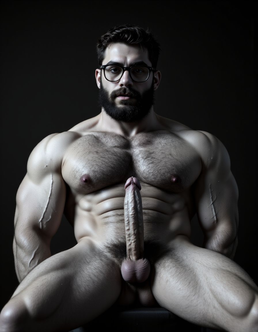 Fotografía hiperrealista en blanco y negro de un hombre adulto musculoso a la vista desde las rodillas para arriba hasta la cabeza, cuerpo muy delgado con musculación marcada y definida, rostro masculino, totalmente desnudo con polla erecta de treinta centímetros de longitud y ocho centímetros de diámetro, tiene rasgos marcados duros expresivos, barba densa poblada tupida oscura estilo hipster cubriendo completamente mandíbula mentón mejillas con grosor uniforme textura abundante muy definida, bigote denso tupido oscuro conectado perfectamente con la barba completa cubriendo completamente el labio superior, pelo oscuro medio peinado completamente recto hacia arriba con volumen considerable estilo hipster moderno quiff puntas verticales texturizadas hacia el cielo con altura prominente, cejas gruesas oscuras pobladas muy marcadas definidas, gafas de montura completa negra cuadradas grandes estilo hipster moderno sobre el puente de la nariz enmarcando unos ojos oscuros intensos que miran directamente a cámara con expresión seria penetrante confiada, expresión facial seria masculina sin sonrisa con mirada directa desafiante, pómulos marcados definidos angulares, nariz recta proporcionada, labios medios apenas visibles completamente cubiertos por bigote denso que conecta con la barba hipster completa, torso desnudo muy musculoso con pectorales enormes desarrollados y definidos, hombros anchos musculosos deltoide prominentes, brazos musculosos gruesos con bíceps y tríceps marcados visibles a ambos lados del cuerpo, abdomen tonificado marcado visible desde la cintura, piel con textura realista detallada poros imperfecciones sutiles, vello corporal denso oscuro abundante cubriendo pectorales abdomen brazos hombros con textura natural masculina muy visible, tatuaje en tinta negra en el bíceps del brazo derecho con la palabra exacta 