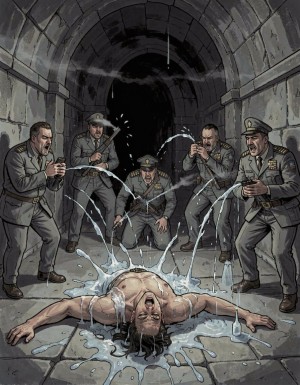 Comic en tonos grises. Un hombre joven y musculoso está tendido en el suelo de una mazmorra, varios oficiales corpulentos uniformados le disparan con sus pistolas una sustancia viscosa y le cae por todas las partes al hombre joven. 