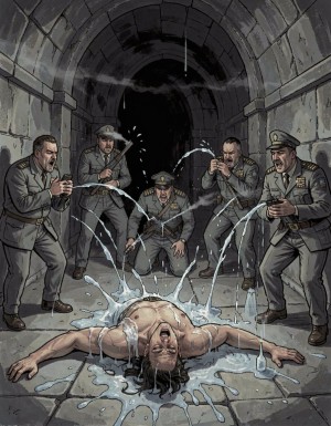 Comic en tonos grises. Un hombre joven y musculoso está tendido en el suelo de una mazmorra, varios oficiales corpulentos uniformados le disparan con sus pistolas una sustancia viscosa.y le cale por todas las partes al hombre joven. 