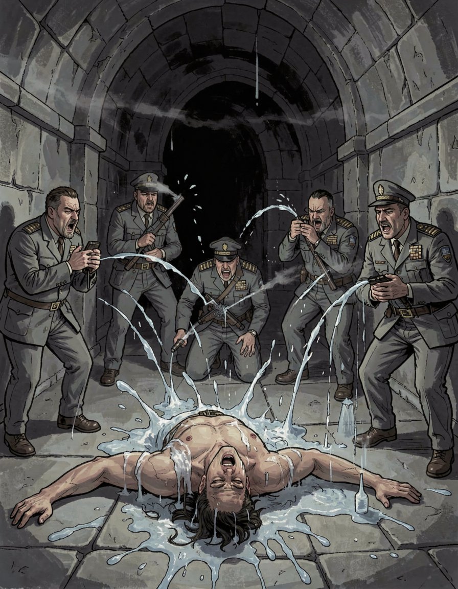 Comic en tonos grises. Un hombre joven y musculoso está tendido en el suelo de una mazmorra, varios oficiales corpulentos uniformados le disparan con sus pistolas una sustancia viscosa.y le cale por todas las partes al hombre joven. 