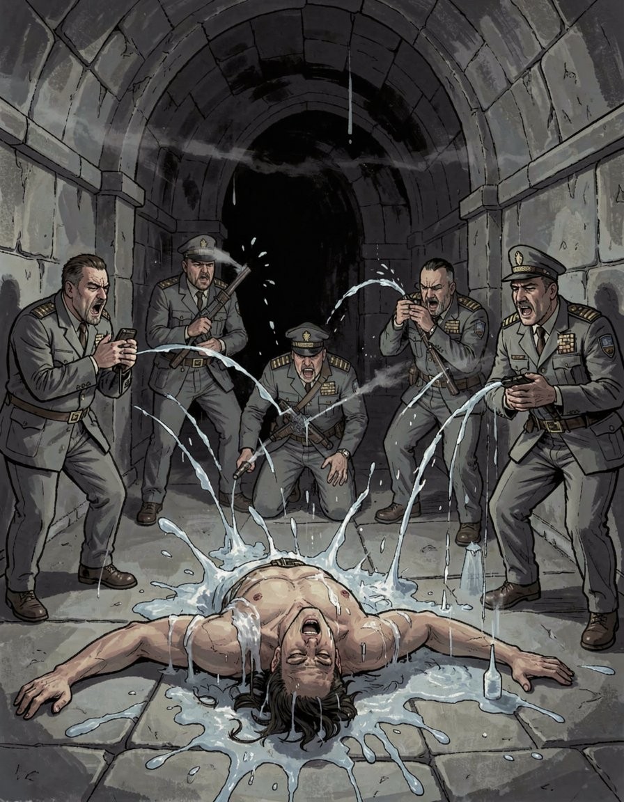 A half-naked man lies face down on a stone floor, with his arms outstretched and his mouth open in a gesture of pain or choking while several streams of water fall and splash violently around his body. The scene takes place in a dark, prison-like tunnel, with vaulted gray stone walls and an oppressive atmosphere. Around him, five uniformed soldiers observe and take part in the punishment: some hold containers or canteens, another crouches near the prisoner, and several seem to be shouting or acting tensely. The dramatic illustration style, with strong shadows, harsh expressions, and theatrical composition, reinforces a sense of interrogation, torture, institutional violence, and underground confinement.