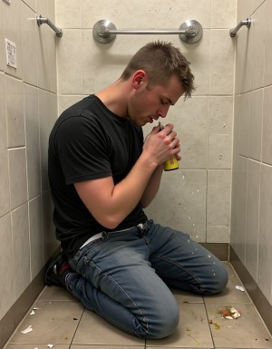 Sumiso de rodillas bebiendo meadas en un WC público 