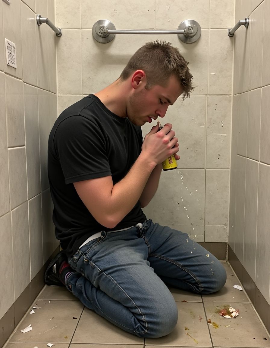 Un hombre joven arrodillado en el suelo de un cubículo de baño público, vestido con camiseta negra ajustada y vaqueros azules, inclina la cabeza mientras sostiene entre las manos un mechero o pequeño objeto amarillo cerca de la boca, como si estuviera encendiéndolo o manipulándolo con concentración. El espacio es estrecho, con paredes de azulejos beige, barras metálicas y suelo de baldosas grises visiblemente sucio, lleno de restos de papel, migas y pequeñas manchas. La postura encogida, sentado sobre los talones y apoyado junto a la pared, transmite una escena íntima, tensa y descuidada dentro de un baño público deteriorado.
