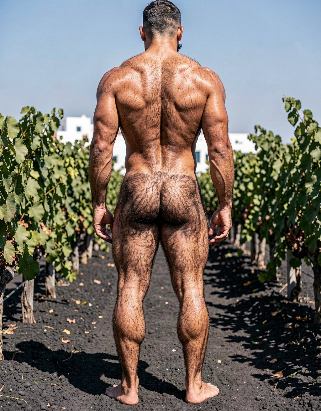 A powerful, perfectly framed full-body rear photograph of Alfredo standing completely still with his back to the camera, captured from the very top of his head all the way down to the tips of his ten toes with zero cropping whatsoever. The very young 28-year-old man is totally naked with no accessories at all. He has a clean-shaven face except for a thick, dense black mustache that gives him a very macho and virile look, short dark hair with a clean fade, strong square jaw visible from the side. Extremely virile and macho appearance despite his young age: very thick, coarse dark body hair covering almost his entire body in dense masculine patterns, heavy pelt across his wide muscular back, dense hair over his shoulders, traps, lats and especially covering his powerful round glutes. He maintains a dry, competition-level 7% body fat physique from running multiple marathons every year: brutally muscular yet lean and endurance-hardened, with thick traps, wide lats creating a dramatic V-taper, deeply etched erector spinae, visible striations across the entire back, narrow waist, massive muscular legs with defined hamstrings, hard vascular calves and dense dark hair covering every inch. His glutes are tight, round and extremely muscular with a clean hairy crack and anus clearly shown, without any penis or testicles visible between them at all, no cock or balls protruding or hanging from behind in any way. Strong veiny arms hanging relaxed at his sides, large masculine hands, strong bare feet planted firmly on the dark volcanic soil of the Santorini vineyard, every toe visible. Bright Mediterranean sunlight hits his sweaty, bronzed skin, creating sharp highlights on every muscle fiber and deep shadows that accentuate the extreme vascularity and dense body hair. Lush green Assyrtiko vines and black volcanic earth surround him. Ultra photorealistic, raw masculine power, extremely hairy and virile young stud, dry fibrous marathon-runner physique, natural cinematic lighting, full uncropped body from the top of the head to the very tips of the toes, no penis or testicles visible from behind between the glutes.