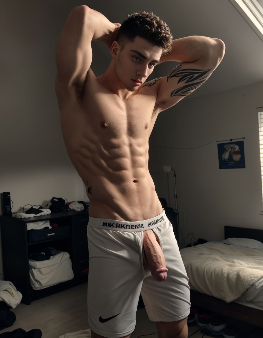Un hombre joven posa de pie en un dormitorio, con el torso desnudo, los brazos levantados detrás de la cabeza y el abdomen muy definido bajo una luz natural lateral. Lleva pantalones cortos blancos Nike con la cintura elástica visible y el pene sobresaliendo por la parte delantera, mientras mira directamente a la cámara con expresión seria. Destacan su pelo corto rizado, la musculatura marcada del pecho y los abdominales, además de un tatuaje negro de estilo tribal en el brazo. Al fondo aparecen una cama deshecha, una cómoda con ropa, una ventana con persiana y varios objetos dispersos por la habitación.