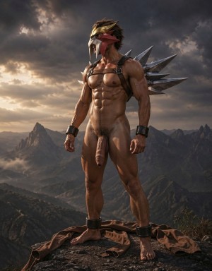 A muscular, naked man stands on a rock on a mountain peak, his athletic body illuminated by dramatic sunset light beneath a dark, stormy sky. He wears a metallic warrior or fantasy-style helmet, bird-shaped with gold and red details that cover part of his face, as well as leather harnesses across his chest, black wrist bracers, and shackles around his ankles. Large sharp metal spikes protrude from his back like wings or spines, reinforcing a fantasy gladiator aesthetic. His penis is visible from the front, while he poses with a firm, dominant attitude on an outspread brown cloth, surrounded by an epic landscape of mountains, valleys, and dense clouds.