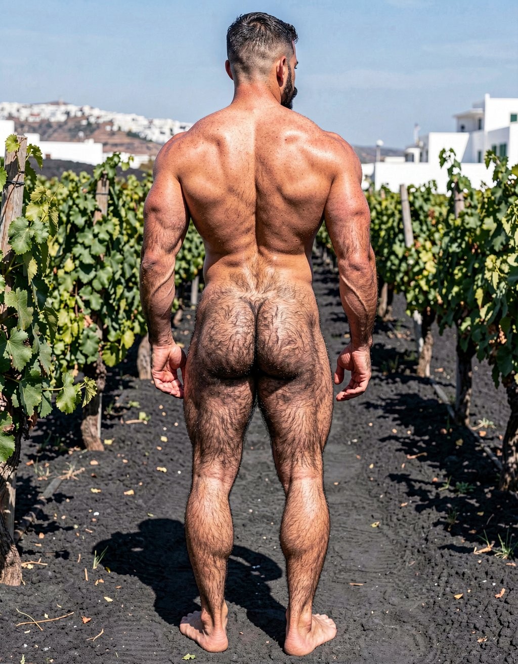 Naked man from behind, muscular and very defined, standing barefoot among rows of vineyards under a clear sky, with tanned skin illuminated by the sun. His broad back, shoulders, arms, and legs show marked musculature, while body hair covers part of the lower back, buttocks, and thighs. The dark, volcanic terrain contrasts with the green leaves of the grapevines loaded with grapes, creating a rural scene of harvest or an open-air winery. In the background, white houses and hills appear, reinforcing a Mediterranean, natural, and sunny atmosphere.