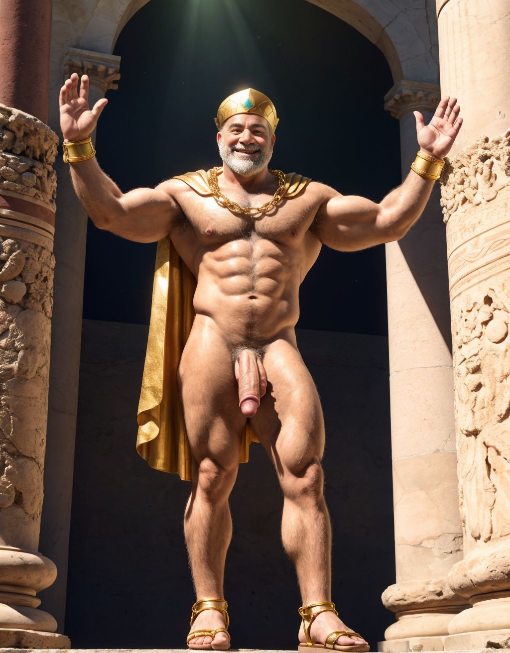 El dios Priapo de Pompeya está desnudo de pie. Es delgado y muy alto. Priapo es dios de la mitología romana. Está en el museo de Nápoles. Tiene un pene grande y erecto. Tiene mucho vello por todo el cuerpo. Tiene sandalias en los pies. Tiene músculos muy definidos. Tiene una corona de laurel. Está sonriendo. Levanta una mano para saludar al público. El cuerpo está iluminado con focos de luz blanca. Tiene los ojos verdes. Lleva una cadena brillante en los pies. Tiene mucho vello en el pecho moreno. Tiene una capa de oro sobre su espalda.
