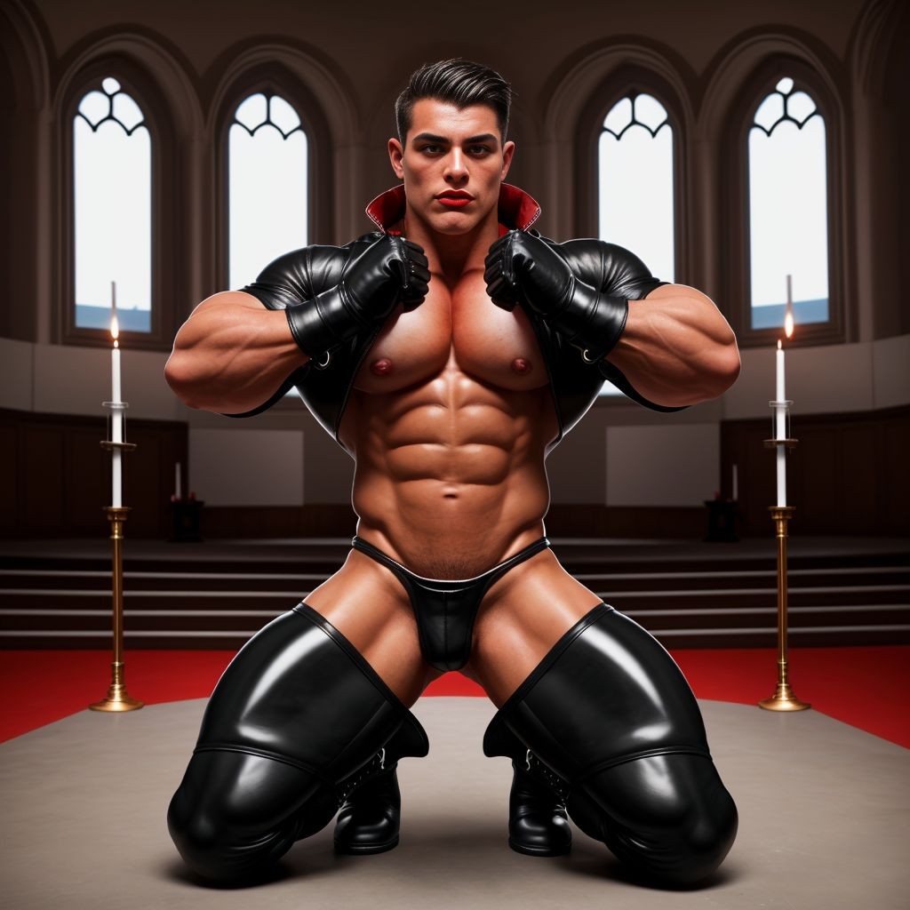 Chico culturista musculoso con unos chaps super ajustados de cuero negro,portando un tanga de cuero con cremallera,en sus muñecas muñequeras de cuero,guantes de cuero sin dedos,botas ,en un altar para ser adorado,maquillado y labios pintados de rojo intenso