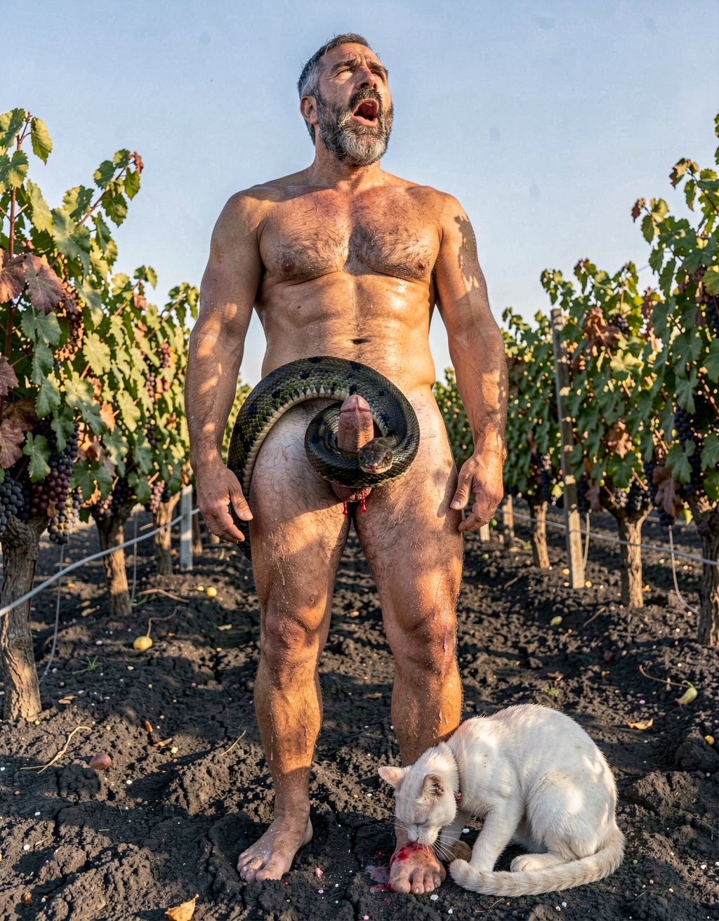 A raw, extremely photorealistic full-body vertical photograph taken on location with Canon EOS R5, 85mm f/1.4 lens at f/2, natural golden-hour Mediterranean sunlight hitting the scene in an Assyrtiko vineyard on Santorini. Dimitris, 35-year-old powerfully built Greek man with completely authentic mature muscle, real skin imperfections, visible pores and natural body hair, stands totally naked with his bare feet planted wide on dark volcanic soil. Shot from a low three-quarter rear angle that perfectly frames his massive muscular back, thick rounded shoulders, narrow waist and round, densely hairy glutes. His head is turned over his left shoulder, thick black beard with natural silver strands visible in profile, mouth slack and genuinely open in shock, eyes wide and unfocused as he stares straight up at the sky with a raw, unfiltered expression of surprise, discomfort and intense bodily sensation. A large, completely realistic python with glossy black scales and subtle emerald reflections has forced its broad head and a thick muscular section of its body deep into his hairy anus. The sphincter is stretched to its absolute physical limit around the snake’s thick torso, pink inner rim visibly gripping with authentic redness, natural swelling, visible tension, every tiny wrinkle, dark anal hair and involuntary muscular spasm captured with clinical, documentary clarity. Thick beads of real sweat trickle down his crack, mixing with natural lubrication as the snake slowly and powerfully pushes further inside with visible contractions. At his feet, a real white domestic cat with slightly dirty soft fur sits calmly on the volcanic earth and licks the toes and sole of Dimitris’ right foot with slow, wet, deliberate strokes of its small pink tongue, leaving visible saliva trails on the skin and between the toes. True sunlight creates authentic specular highlights on wet skin, glossy scales, the stretched anal tissue, individual body hairs, sweat droplets and the cat’s fur, with deep natural shadows and shallow depth of field that keeps razor-sharp focus on the penetration, the stretched hole and the cat’s tongue while softly blurring the distant vines. Obsessive photographic realism: visible skin pores, real skin texture and imperfections, individual hairs, natural muscle striations, realistic scale patterns, authentic physical reaction of the stretched anus, wet saliva, dust particles on the cat’s paws and fur, pure unembellished documentary precision as if taken by a professional photographer standing right there on location, zero artistic stylization whatsoever.