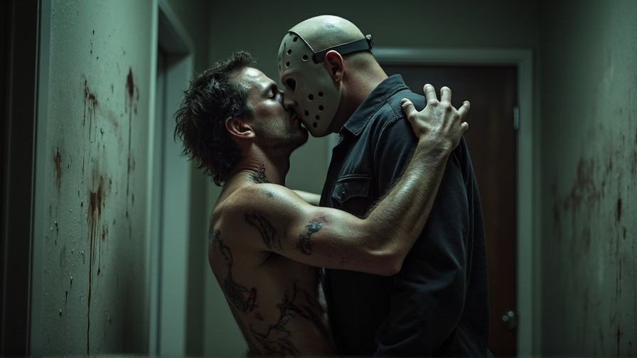 A surreal and explicit scene: an artistic masterpiece capturing the dark desires of two iconic horror characters. The infamous Freddie Krueger, with his burned and scarred skin, passionately engages in anal intercourse with the silent and menacing Jason Voorhees. The dimly lit room is filled with an eerie ambiance as visible traces of their intimate moment linger in the air. Their intense connection is evident as Freddie's slender, clawed hands tightly grip Jason's muscular body, their movements synchronized in a forbidden dance. The aftermath of their encounter is symbolized by the visible remnants of their passion, enhancing the raw and primal energy of the scene.