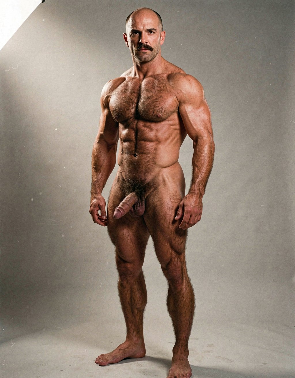 Mike Morris, a 32-year-old extremely lean Caucasian male with only 8% body fat, stands completely naked in a strict military attention pose captured in a full-body three-quarter view at a slight 45-degree angle. The shot runs from the tips of his size 44 slightly hairy feet all the way up to the top of his bald head, showing his entire body without any cropping. His physique is dry, vascular and powerfully defined: massive square pectorals covered in dense dark brown chest hair forming a thick T-pattern, sharply carved six-pack abs, narrow waist, wide flaring lats, and thick muscular thighs with dense dark hair. Dramatic directional studio lighting falls from high and slightly to the left, creating bright highlights on his tanned skin, the texture of his dense body hair across his chest, lower back and legs, and deep shadows that accentuate every muscle separation and vein. His advanced Norwood III-IV bald scalp is clearly visible, with short dense dark brown hair only on the sides and back of his head. His square, angular face with prominent jaw, thick dark handlebar mustache, heavy brows and intense deep-set brown eyes stares straight ahead with a serious, commanding expression. His penis is fully visible, completely natural and realistic: thick, 24 cm long when erect, with natural upward curve, prominent veins along the shaft, long foreskin that partially covers the pink-red glans, and realistic skin texture noticeably lighter than his bronzed body. Below it hang his large, low-hanging testicles with wrinkled darker skin and dense dark brown hair. The extremely thick, curly dark brown pubic bush climbs almost to his navel and spreads generously around the base of his cock and balls. Every detail from his veined hands and forearms to his diamond calves and hairy toes is perfectly proportioned and anatomically correct. Photorealistic, high-contrast, masculine 1970s Colt Studio aesthetic with subtle grainy film texture.