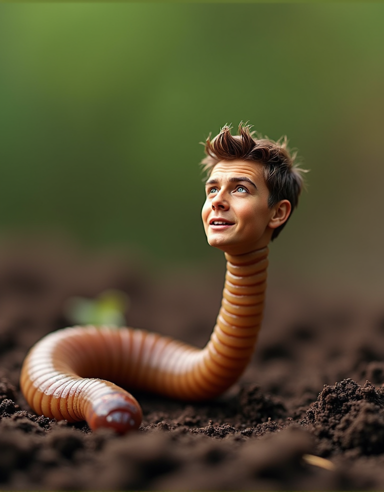 A tiny earthworm with a small human head, having a miniature human 31 years old man face with detailed features, including small eyes, nose, and mouth, and a tiny humanoid skull, but with a worm-like body, segmented and elongated, with setae bristles on its skin, the earthworm body is brown and shiny, the human head is proportionate to the worm body, with a shocked and confused expression, the tiny human head has short, messy brown hair, and the eyes are wide with wonder, the earthworm body is posed in a curved position, as if moving through soil, with the tiny human head looking up, hyper-realistic photo with high quality details, emphasizing the contrast between the human and worm features.