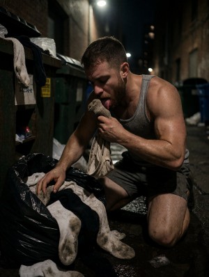 Un hombre sudoroso con camiseta de tirantes gris y pantalón corto oscuro está arrodillado en un callejón nocturno, junto a contenedores de basura y bolsas negras llenas de ropa sucia. Con una mano rebusca entre prendas tiradas en el suelo y con la otra sostiene un calcetín viejo y manchado, acercándolo a la boca con la lengua fuera, en una escena cruda de fetichismo, suciedad y decadencia urbana. La iluminación tenue de una farola resalta sus brazos musculosos, la piel brillante por el sudor y el ambiente húmedo del pavimento, mientras los muros de ladrillo, los cubos de basura y las sombras profundas refuerzan una atmósfera clandestina, sórdida y marginal.