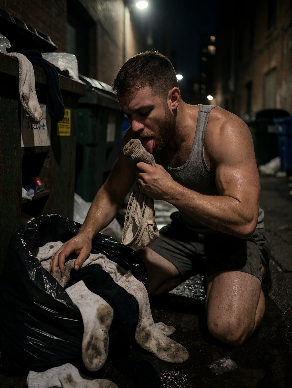 A sweaty man in a gray tank top and dark shorts is kneeling in a night alley, next to garbage containers and black bags full of dirty clothes. With one hand he rummages through clothes thrown on the ground and with the other he holds an old and stained sock, bringing it to his mouth with his tongue out, in a crude scene of fetishism, filth and urban decay. The dim lighting of a streetlamp highlights his muscular arms, skin shining with sweat and the damp atmosphere of the pavement, while the brick walls, garbage cans and deep shadows reinforce a clandestine, sordid and marginal atmosphere.