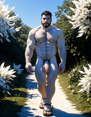(Hombre negro desnudo, musculoso, tiene pene negro, tiene testículos negros, tiene sandalias negras, tiene mucho vello negro, tiene pezones grandes largos y puntiagudos, tiene pelo largo rizado negro, está andando por un camino en el campo con flores negras, sale líquido blanco por sus pezones). (Hombre blanco desnudo musculoso, tiene pene blanco, tiene testículos blancos, tiene mucho vello blanco, tiene pelo largo blanco, tiene barba blanca, tiene sandalias blancas, tiene pezones grandes largos y puntiagudos, está andando por un camino en el campo con flores blancas, está totalmente desnudo, sale líquido blanco por sus pezones).