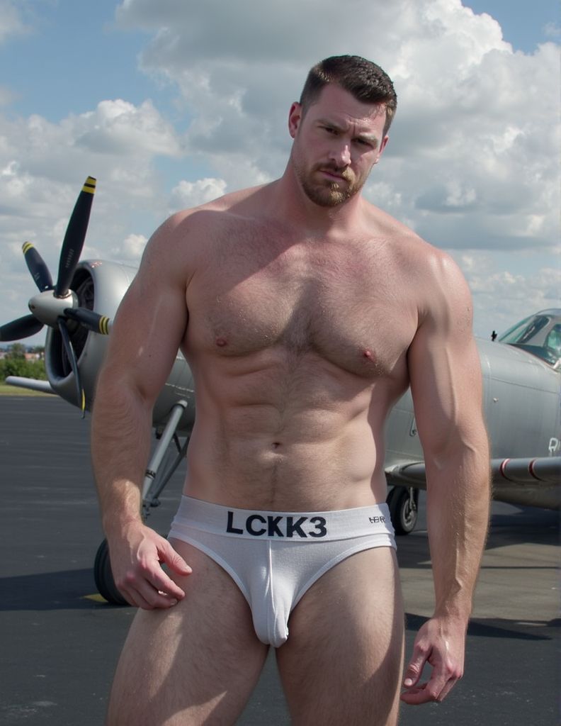 Musculos. 
Piloto militar de la OTAN, tipo nórdico y muy musculoso,  se ha desnudado quedándose solo en calzoncillo blanco frente a uno de los aviones en el aeródromo para una foto.