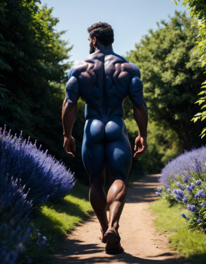 Hombre azul desnudo musculoso azul, tiene pene color azul, tiene testículos color azul. Tiene sandalias azules. Tiene mucho vello. Tiene pelo azul largo ondulado azul. Tiene pezones grandes largos y puntiagudos: 1.9. Está andando por un camino en el campo con flores azules.