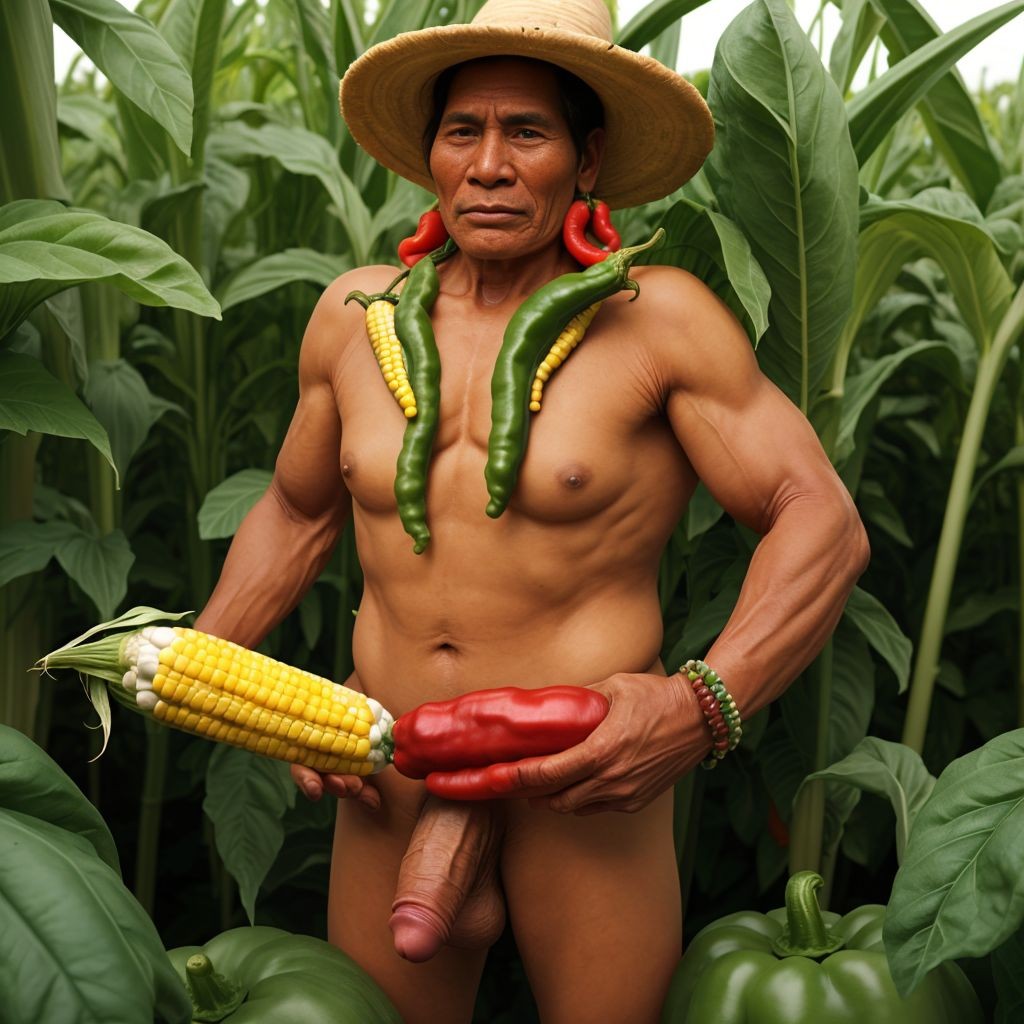 boliviano de bolivia de verga inmensa y muy parada, gigante, rodeados de pimientos, mazorcas, verduras, y guisos
