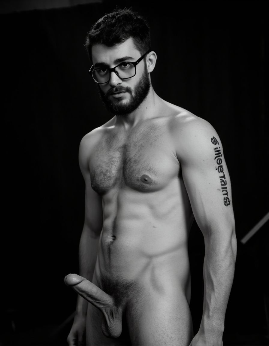 Fotografía hiperrealista en blanco y negro de un hombre adulto musculoso a la vista desde las rodillas para arriba hasta la cabeza, cuerpo muy delgado con musculación marcada y definida, rostro masculino, totalmente desnudo con polla erecta de treinta centímetros de longitud y ocho centímetros de diámetro, tiene rasgos marcados duros expresivos, barba densa poblada tupida oscura estilo hipster cubriendo completamente mandíbula mentón mejillas con grosor uniforme textura abundante muy definida, bigote denso tupido oscuro conectado perfectamente con la barba completa cubriendo completamente el labio superior, pelo oscuro medio peinado completamente recto hacia arriba con volumen considerable estilo hipster moderno quiff puntas verticales texturizadas hacia el cielo con altura prominente, cejas gruesas oscuras pobladas muy marcadas definidas, gafas de montura completa negra cuadradas grandes estilo hipster moderno sobre el puente de la nariz enmarcando unos ojos oscuros intensos que miran directamente a cámara con expresión seria penetrante confiada, expresión facial seria masculina sin sonrisa con mirada directa desafiante, pómulos marcados definidos angulares, nariz recta proporcionada, labios medios apenas visibles completamente cubiertos por bigote denso que conecta con la barba hipster completa, torso desnudo muy musculoso con pectorales enormes desarrollados y definidos, hombros anchos musculosos deltoide prominentes, brazos musculosos gruesos con bíceps y tríceps marcados visibles a ambos lados del cuerpo, abdomen tonificado marcado visible desde la cintura, piel con textura realista detallada poros imperfecciones sutiles, vello corporal denso oscuro abundante cubriendo pectorales abdomen brazos hombros con textura natural masculina muy visible, tatuaje en tinta negra en el bíceps del brazo derecho con la palabra exacta 