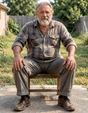 Older man sitting facing forward on a low wooden chair, with a firm posture and his hands resting on his knees, looking directly at the camera with a serious and calm expression. He has gray hair combed back, a white beard, and a weathered face, conveying a rural, hardworking appearance. He is wearing a worn plaid shirt with the cuffs rolled up, loose gray pants, and dirty brown boots, in an outdoor garden or patio setting with grass, cement ground, a wooden fence in the background, leafy trees, and warm natural light that reinforces the rustic, everyday atmosphere.