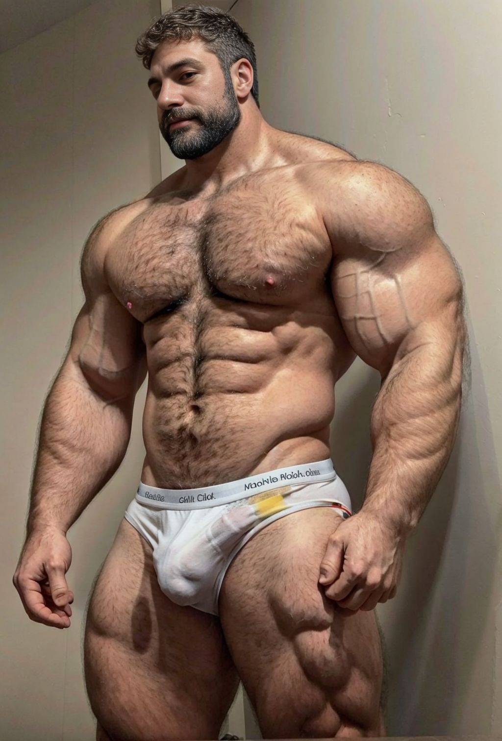 Hombre híper masculinizado, muy musculoso, en calzoncillo blanco algo sucio, marcando paquete, con vello por todo el cuerpo y cabello rizado