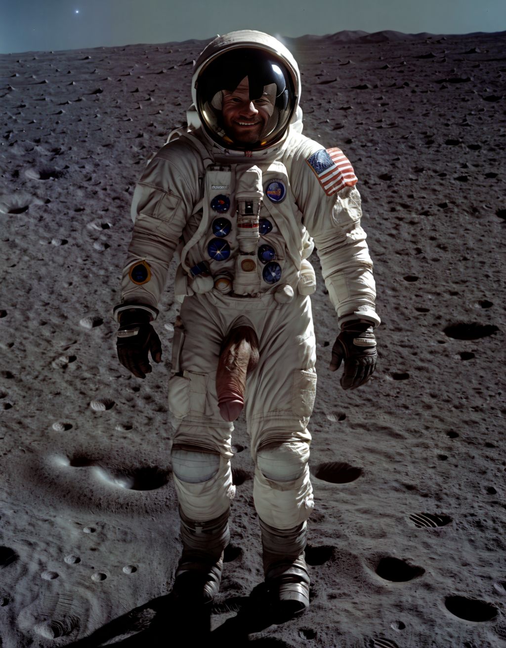 Neil Armstrong desnudo totalmente desnudo. Tiene el pecho con vello y brazos con vello. Está totalmente desnudo de pie y pisando el suelo Lunar. Está musculoso. Tiene pene grande erecto. Tiene testículos grandes. Tiene mucho vello y pelo. Foto muy realista texturas 8k. Está de pie en la Luna rodeado de arena y de la nave espacial Apolo11.