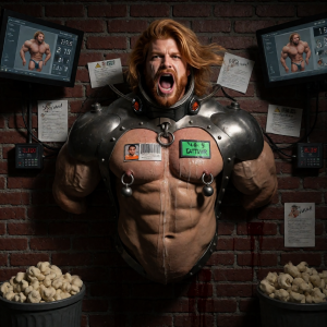 Un hombre extremadamente musculoso con melena pelirroja y barba aparece sujeto contra una pared de ladrillo, gritando con expresión feroz, como una figura de laboratorio o experimento de modificación corporal. Lleva una pesada estructura metálica sobre los hombros y el cuello, con remaches, cables y pequeños dispositivos, mientras su torso desnudo exhibe abdominales muy marcados, pectorales con piercings en los pezones y etiquetas adheridas, una con foto tipo identificación y otra verde con texto técnico. A ambos lados hay monitores que muestran modelos anatómicos del mismo cuerpo, paneles de control con números rojos, documentos clavados en la pared y cables colgando. En la parte inferior aparecen cubos llenos de fragmentos óseos o piezas orgánicas claras, reforzando una atmósfera oscura, industrial, médica y grotesca.
