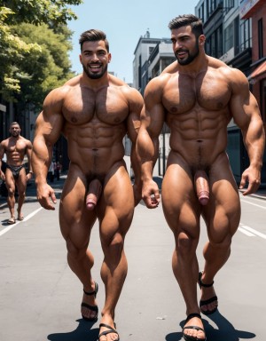 Dos hombres jóvenes desnudos musculosos y fibrosos. Tiene pene grande. Están andando por la calle. Tienen sandalias en los pies. El enorme pene se dobla hacia el lado al ritmo del andar. Los testículos botan contra los muslos al andar moviéndose hacia afuera. Tienen mucho pelo vello en el pecho. Tienen estatura de dos metros. Están dando saltos de alegría.
