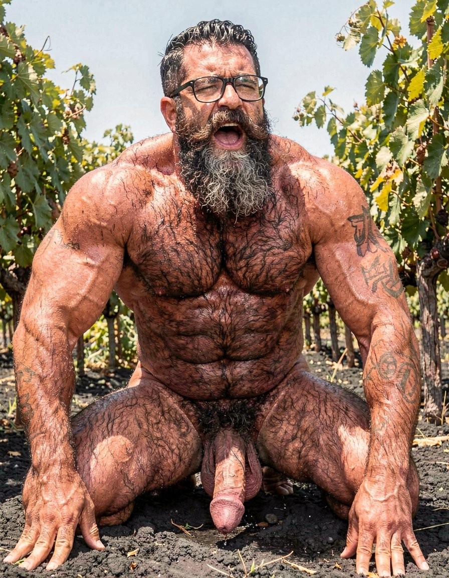 Hombre desnudo, muy musculoso y velludo, arrodillado sobre la tierra seca de un viñedo entre hileras de parras verdes cargadas de uvas, con el torso brillante al sol y una postura intensa, apoyando ambas manos abiertas en el suelo. Lleva gafas negras, barba larga canosa y el pelo húmedo peinado hacia atrás, con la boca abierta en una expresión de esfuerzo o grito. Sus brazos, pecho, abdomen y piernas muestran gran definición muscular, abundante vello corporal y tatuajes visibles en los brazos. El pene cuelga claramente entre los muslos, en primer plano, reforzando el carácter explícito y naturalista de la escena al aire libre.
