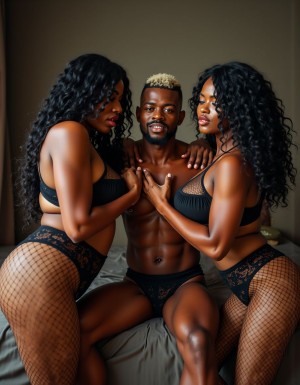 Three big black cock shemales, each with a muscular build, dark skin, and long, curly black hair, wearing high heels and revealing lingerie, enthusiastically engaging in a threesome with a white gay man. The shemales have large breasts and erect penises, and are taking turns performing oral sex on the white gay man, who has a lean build, short blond hair, and a smooth, shaved body. The scene is set in a luxurious, dimly lit bedroom with a large bed, and the atmosphere is one of intense passion and desire. The shemales are dressed in black lace lingerie, fishnet stockings, and stiletto heels, while the white gay man is completely naked, showcasing his toned physique. The action is fast-paced and explicit, with the shemales using their large breasts and penises to tease and pleasure the white gay man, who is moaning in ecstasy. Hyper-realistic photo with high-quality details.