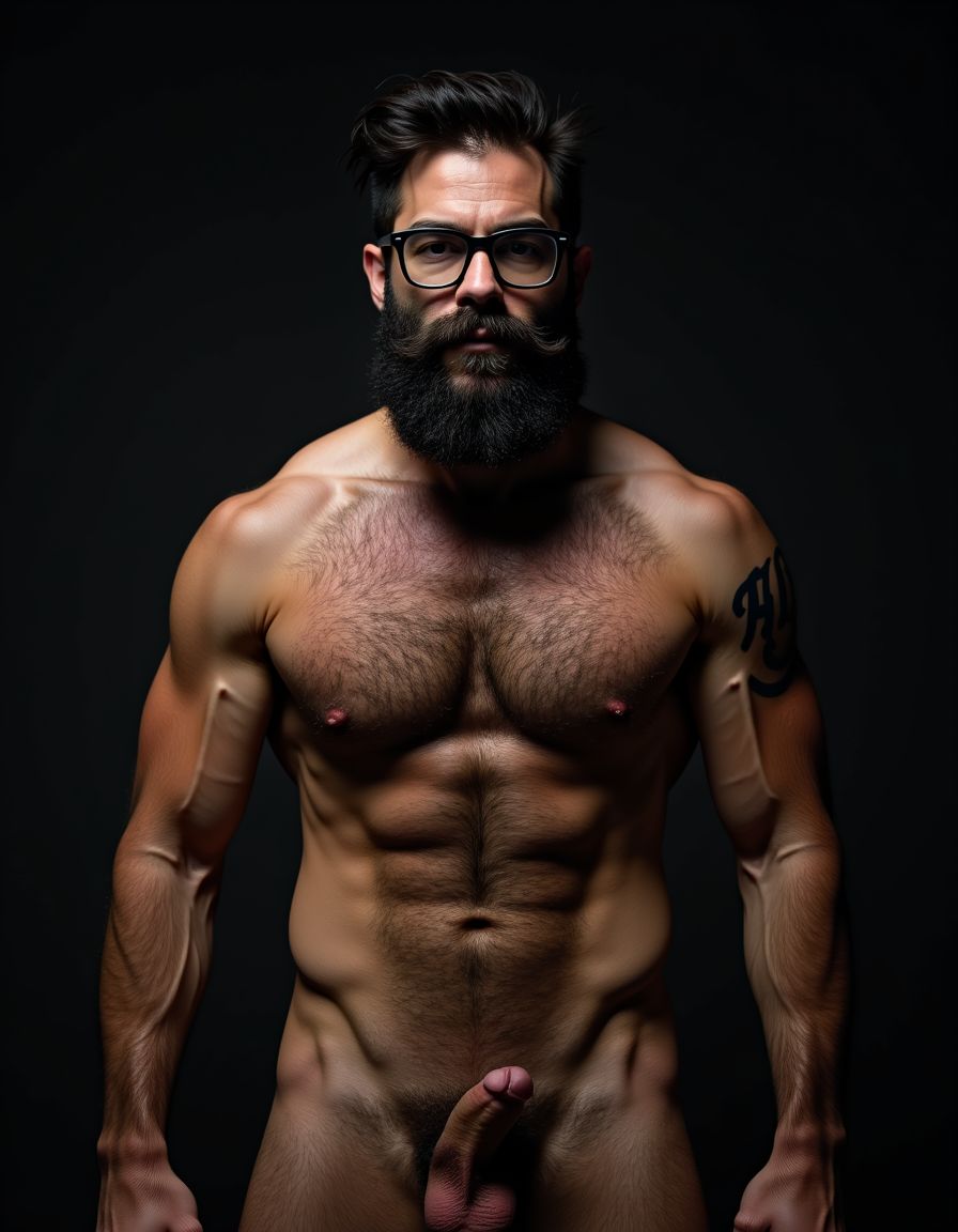 Fotografía hiperrealista de un hombre adulto musculoso a la vista todo el cuerpo desde los pies hasta la cabeza, tiene sandalias negras en sus pies, su cuerpo es muy delgado con músculos marcados y definidos, rostro masculino, está totalmente desnudo, tiene pene erecto de treinta centímetros de longitud y ocho centímetros de diámetro, tiene rasgos marcados duros expresivos, barba densa poblada tupida oscura estilo hipster cubriendo completamente mandíbula mentón mejillas con grosor uniforme textura abundante muy definida, bigote denso tupido oscuro conectado perfectamente con la barba completa cubriendo completamente el labio superior, pelo oscuro medio peinado completamente recto hacia arriba con volumen considerable estilo hipster moderno quiff puntas verticales texturizadas hacia el cielo con altura prominente, cejas gruesas oscuras pobladas muy marcadas definidas, gafas de montura completa negra cuadradas grandes estilo hipster moderno sobre el puente de la nariz enmarcando unos ojos oscuros intensos que miran directamente a cámara con expresión seria penetrante confiada, expresión facial seria masculina sin sonrisa con mirada directa desafiante, pómulos marcados definidos angulares, nariz recta proporcionada, labios medios apenas visibles completamente cubiertos por bigote denso que conecta con la barba hipster completa, torso desnudo muy musculoso con pectorales enormes desarrollados y definidos, hombros anchos musculosos deltoide prominentes, brazos musculosos marcados y bien definidos con bíceps y tríceps marcados visibles a ambos lados del cuerpo, abdomen tonificado marcado visible con cintura delgada marcada, piel con textura realista detallada poros imperfecciones sutiles, vello corporal denso oscuro abundante cubriendo pectorales abdomen brazos hombros con textura natural masculina muy visible. Tiene un tatuaje en tinta negra en el bíceps del brazo derecho en tipografía negra sans-serif de tamaño mediano y proporcionado de forma clara y legible sobre la piel del bíceps del brazo derecho con las siguientes letras: hipsterbarba. Iluminación dramática lateral direccional que crea contraste alto marcado entre luces brillantes y sombras profundas resaltando la estructura facial angular la barba hipster densa las gafas cuadradas grandes el vello corporal abundante la musculatura del torso los brazos. Tiene tatuaje en el bíceps del brazo derecho de tipografía negra sans-serif de tamaño mediano y proporcionado de forma clara y legible sobre la piel del bíceps del brazo derecho con las siguientes letras: hipsterbarba. Fondo completamente oscuro negro liso uniforme desenfocado sin distracciones, fotografía analógica en color de alto contraste con grano fotográfico sutil visible estilo retrato hipster masculino fitness, enfoque nítido absoluto perfecto en el rostro especialmente en los ojos detrás de las gafas la barba hipster densa el bigote tupido el pelo vertical el vello corporal el torso con músculos muy marcados y muy definidos. Tiene un tatuaje en el bíceps del brazo derecho de tipografía negra sans-serif de tamaño mediano y proporcionado con forma clara y legible sobre la piel del bíceps del brazo derecho con las siguientes letras: hipsterbarba. Imagen con encuadre vertical desde los pies hasta la cabeza mostrando los pies desnudos las piernas peludas el pene erecto los testículos colgando con su escroto bajo todo el torso peludo los brazos musculosos peludos y la cabeza con pelo oscuro medio peinado completamente recto hacia arriba con volumen considerable estilo hipster moderno quiff puntas verticales texturizadas hacia el cielo con altura prominente, calidad fotográfica hiperrealista 8K máxima definición detalle extremo, renderizado cinematográfico fotorrealista profesional. Tiene un tatuaje en el bíceps del brazo derecho en tipografía negra sans-serif de tamaño mediano con forma clara y legible sobre la piel del bíceps del brazo derecho las siguientes letras: hipsterbarba