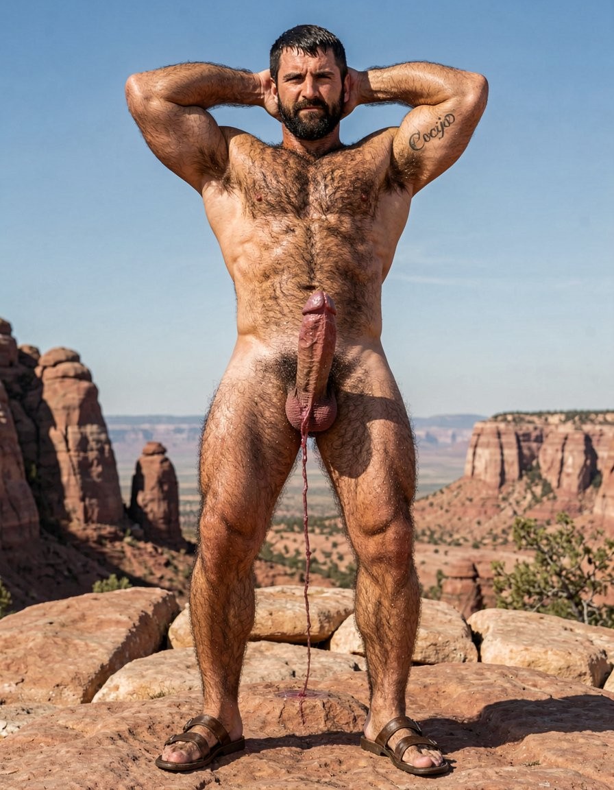 Hyper-realistic full-body frontal photograph, perfectly proportioned and anatomically flawless with zero distortion, of the extremely hairy and hyper-virile 26-year-old Zapotec warrior Cocijo standing completely still on the rocky summit of Cerro La Cantera, San Pablo Huitzo, Oaxaca, in the year 600 AD under brutal midday sun. The shot captures his entire body from the top of his head to the soles of his worn leather sandals. He stands obediently in front of his owner Gayon Von Neumann, feet planted wide apart, arms raised with hands clasped behind his head and elbows flared, chest pushed forward, looking straight ahead with total masculine submission. No glasses. He is barely 26 years old. His body is extremely hairy and hyper-masculine: thick dense black hair covers his massive square pectorals, runs heavily between them and all over the chest, down the deeply carved eight-pack abs, around the navel and explodes into an extremely thick, wild black pubic bush that continues onto the inner thighs. Heavy black hair also densely covers his shoulders, upper arms, forearms, the backs of his powerful thighs and even the upper part of his glutes. His golden-bronze skin is drenched in sweat that glistens harshly under the sun. Strong square jaw, thick veiny neck, short black hair, and dark intense eyes. His enormous 35 cm cock is brutally swollen, dark purple, heavily veined and rock-hard, forced upward by the tight black leather Cock and Ball Ring that encircles the base of the shaft and both heavy balls, making them bulge obscenely. Thick, shiny strands of precum continuously drip from the wide slit and run down the shaft onto the hot rock between his feet. On his right upper arm, perfectly integrated and anatomically adapted to the natural curve and muscular shape of the brachial region, there is a small, elegant black tattoo with the word 