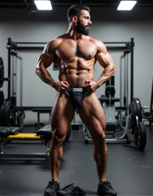 hombre musculoso de unos 30 años completamente desnudo en un entorno de gimnasio moderno con equipo de entrenamiento de fondo, su piel brilla con un ligero sudor después de un intenso entrenamiento, su cabello es oscuro y despeinado, su barba es corta y bien definida, su cuerpo muestra una definición muscular notable, especialmente en los brazos, pecho y abdomen, su ropa interior está tirada en el suelo junto a sus zapatillas de entrenamiento, el hombre está de pie con los pies separados y las manos en las caderas, mostrando confianza y seguridad en su apariencia física, su erección es prominente y su vello púbico es oscuro y bien definido, la iluminación es brillante y realista, resaltando cada detalle de su cuerpo, el estilo de la imagen es hiperrealista con detalles de alta calidad.