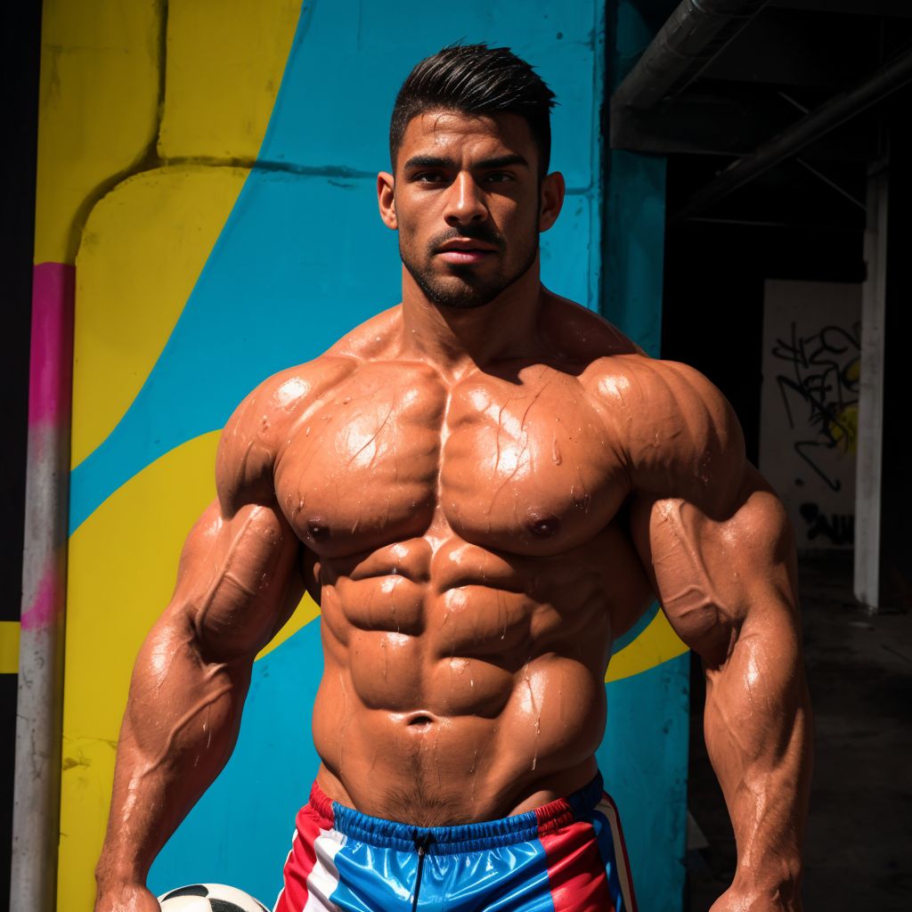 Hombre musculoso de 28 años, cuerpo desnudo, gotas de agua resbalando por su piel brillante, parado en una mazmorra oscura, expresión serena y cansada, estilo pop art y graffiti, texturas húmedas, fondo desenfocado, enfoque en su físico atlético y poderoso, destacando su condición de jugador de fútbol.