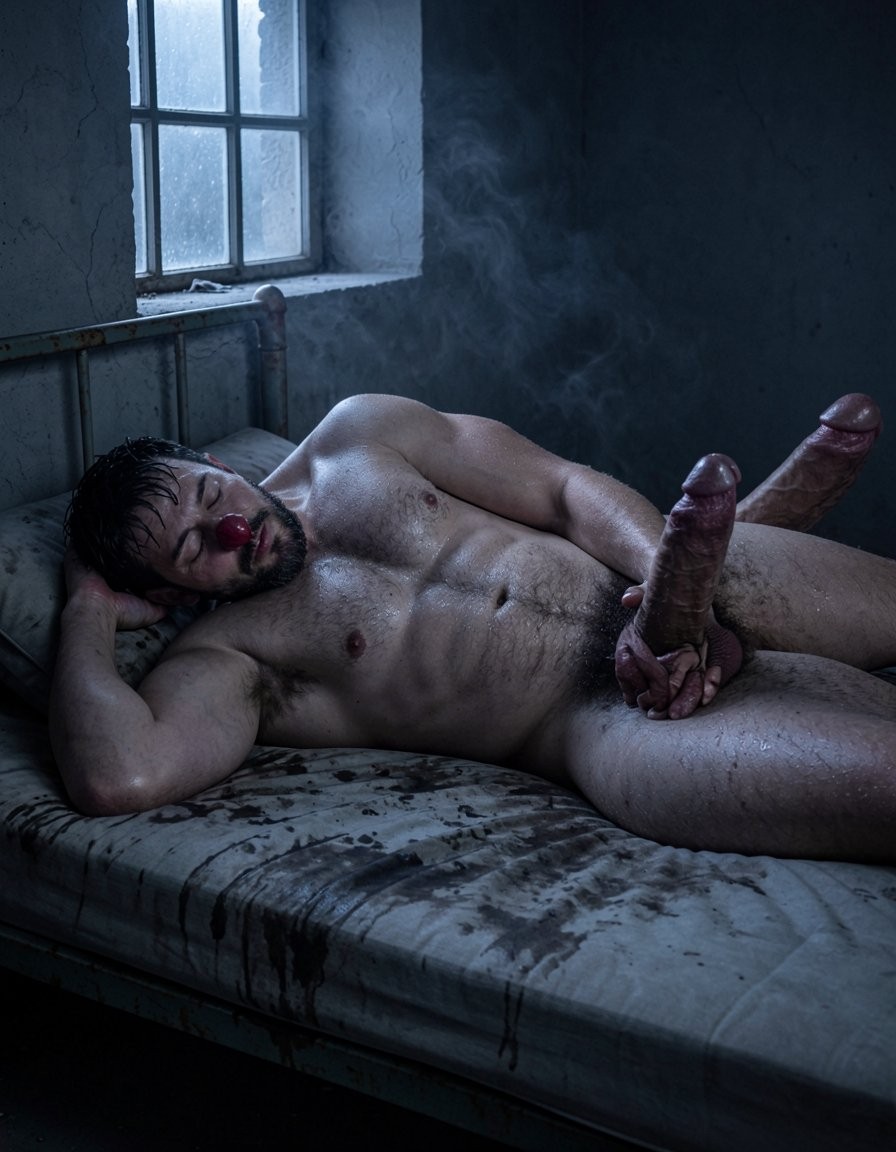 A cinematic photograph shot on a Hasselblad medium format camera, capturing the raw, intimate aftermath of a brutal sexual encounter between two enormously muscular, densely hairy men, in a dark military barracks at night, with a Spanish military soldier, bearded, tanned, and extremely muscular, lying collapsed face down on top of Superman, both in a prone position, the soldier's full, massive body weight resting on Superman's equally muscular, hairy body.

The soldier's head is turned sideways, resting on Superman's thick, muscular, hairy shoulder and neck area, with eyes closed, peacefully sleeping, and mouth slightly open, breathing slowly and deeply, his expression showing complete exhaustion and peaceful rest. His enormously muscular, densely hairy arms are draped loosely around Superman's massive, hairy shoulders and upper body in an unconscious embrace.

The soldier's massive, hairy, muscular back rises and falls slowly, gently, and rhythmically with each deep sleeping breath, every enormous muscle group now relaxed but still impressively defined beneath dense, dark, matted body hair, still damp with dried sweat. The soldier's muscular, hairy legs are intertwined with Superman's massive, hairy legs, both men's lower bodies pressed tightly together.

Superman's enormous, thick cock remains visibly inserted, buried deep inside the soldier's hairy, muscular ass, maintaining penetration while both men sleep. Superman lies unconscious beneath the soldier's crushing weight on a completely destroyed, dark, stained, saturated mattress, face turned slightly sideways, still wearing a red ball gag with dried white cum and dried bloody saliva coating his handsome features.

His closed eyes are crusted with dried cum, and his dark hair is matted and stiff with dried fluids. Superman's massive, hairy, muscular arms are still loosely restrained at the warped, bent, rusty military bed frame corners, wrists raw and bloody against leather straps, fingers relaxed and limp in deep unconsciousness.

Both men's enormously muscular, incredibly densely hairy bodies are covered everywhere in dried layers of white cum mixed with dried sweat, creating a dull, glistening coating across all visible skin and matted body hair. The completely destroyed, saturated mattress beneath both massive sleeping bodies is soaked dark with enormous dried stains of mixed cum and sweat.

Very dim blue moonlight filters through a single small barracks window, casting soft, cold blue tones across both massive, hairy sleeping bodies, creating gentle highlights on muscular contours and soft, deep shadows. The scene is set in near total darkness, with only subtle ambient cold blue moonlight illumination, creating an intimate, quiet, serene, nocturnal atmosphere, despite the brutal evidence covering both men's bodies.

Gentle steam rises from the combined body heat of the two massive, muscular bodies, visible in the cold night air. The rusty, warped military bed frame is visible, along with dark concrete walls, and absolute silence and stillness, except for gentle, synchronized breathing. The photograph is captured in 8K ultra-high resolution, with hyperrealistic photography, extreme intimate detail, and perfect soft focus, cinematic moonlit composition, (hyper-realistic:1.5), (intimate:1.2), (cinematic:1.1), (muscular:1.3), (hairy:1.2).