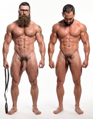 A highly detailed full-body photograph of both men standing completely naked in a bright white photography studio with perfect even lighting. On the left stands Hipsterbarba, the 40-year-old dominant muscle bear master: 180cm tall, 80kg with 8% body fat, powerful athletic physique, massive rounded pecs, defined six-pack, wide shoulders, thick vascular arms, powerful legs, wide V-shaped back, dense dark body hair covering chest, shoulders, abs, thick pubic bush and thighs. High fade undercut haircut, very thick long Bandholz beard reaching almost to his chest, thick curled handlebar mustache with spiral ends, black-rimmed glasses, small tattoo on right arm saying “hipsterbarba”. Thick cock with partial foreskin and visible pink glans, heavy low-hanging balls. He stands in a serious dominant pose, chest out, looking straight at the camera with authority, bare feet planted firmly, holding the detached black leather leash in his left hand.

On the right stands Anil, the 25-year-old extreme bodybuilder slave: 175cm tall, 80kg with 6% body fat in peak competition condition, massive 127cm chest with huge thick pecs, 47cm vascular peaked arms, deep shredded eight-pack, tiny 60cm waist with extreme V-taper, wide flaring lats, high round bubbly 90cm glutes, 70cm massive shredded quads with razor sharp separation. Skin bronzed, paper-thin and shiny, completely smooth and hairless from the neck down. He wears only a thick metal cock ring tightly fastened at the base of his thick veiny cock, stretching the skin slightly. The black leather collar has been removed from his neck and the leash is no longer attached. Large smooth shaved balls hang below the ring. He stands with head bowed and eyes down in a submissive pose.

Both men fully naked head to toe, realistic skin texture, extreme muscle and hair details, professional studio photography